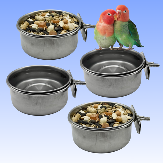 4-Pack Stainless Steel Bird Food Bowls with Clamp – 10oz Hanging Cage Cups | Ships from Quebec