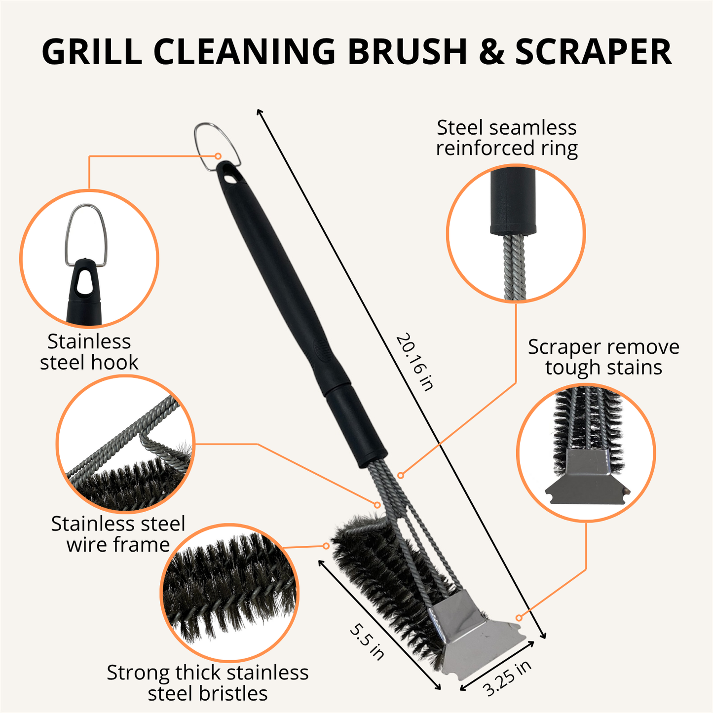 Heavy-Duty Stainless Steel BBQ Grill Brush with Scraper | Long Handle, Easy Deep Cleaning