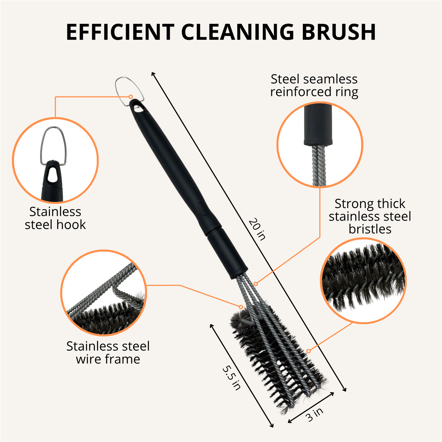 Heavy-Duty Stainless Steel BBQ Grill Brush with Scraper | Long Handle, Easy Deep Cleaning