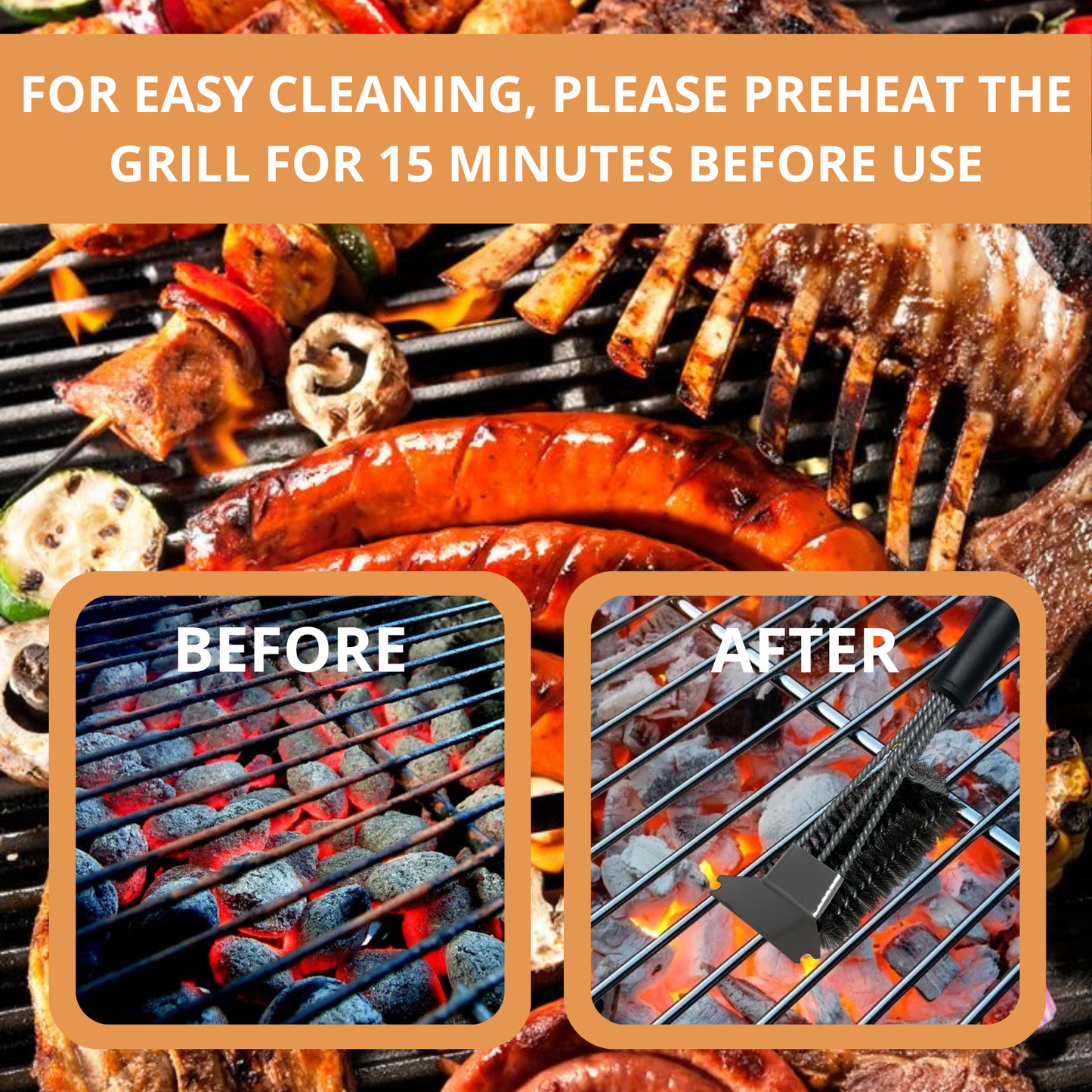 Heavy-Duty Stainless Steel BBQ Grill Brush with Scraper | Long Handle, Easy Deep Cleaning