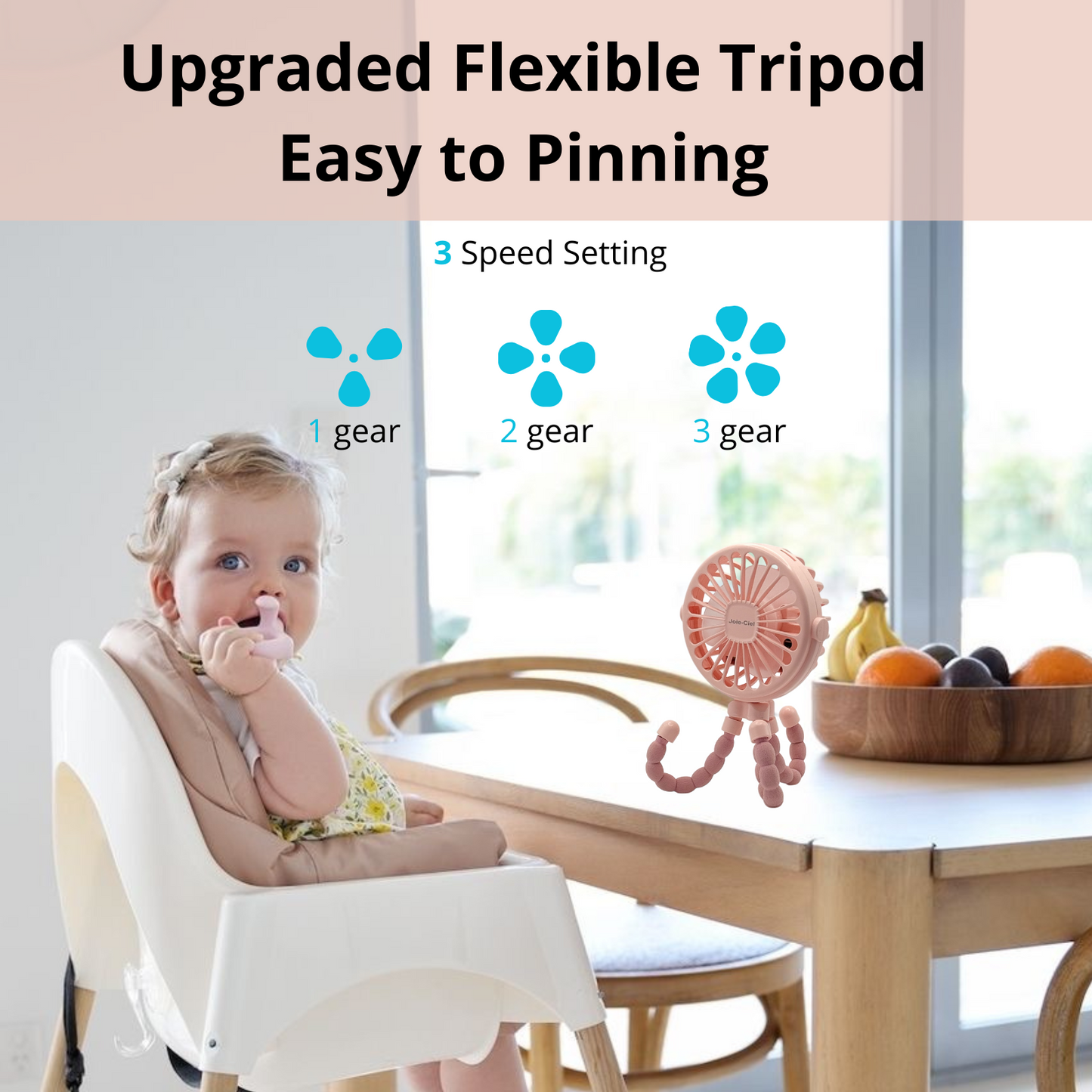 Joie-Ciel™ Portable Octopus Clip Fan | 3-Speed, LED Night Light, Safe & Flexible for Stroller, Office, Travel