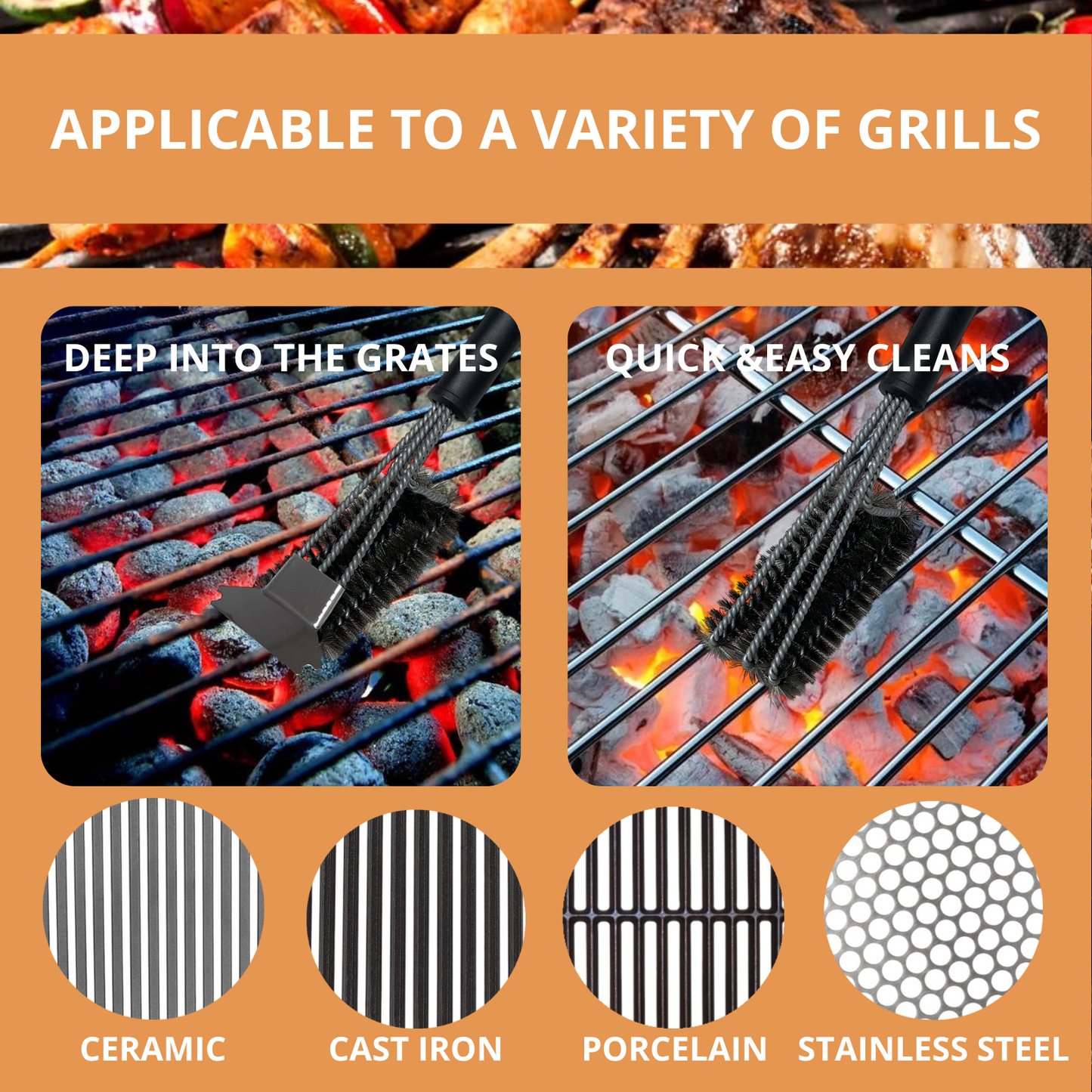 Heavy-Duty Stainless Steel BBQ Grill Brush with Scraper | Long Handle, Easy Deep Cleaning