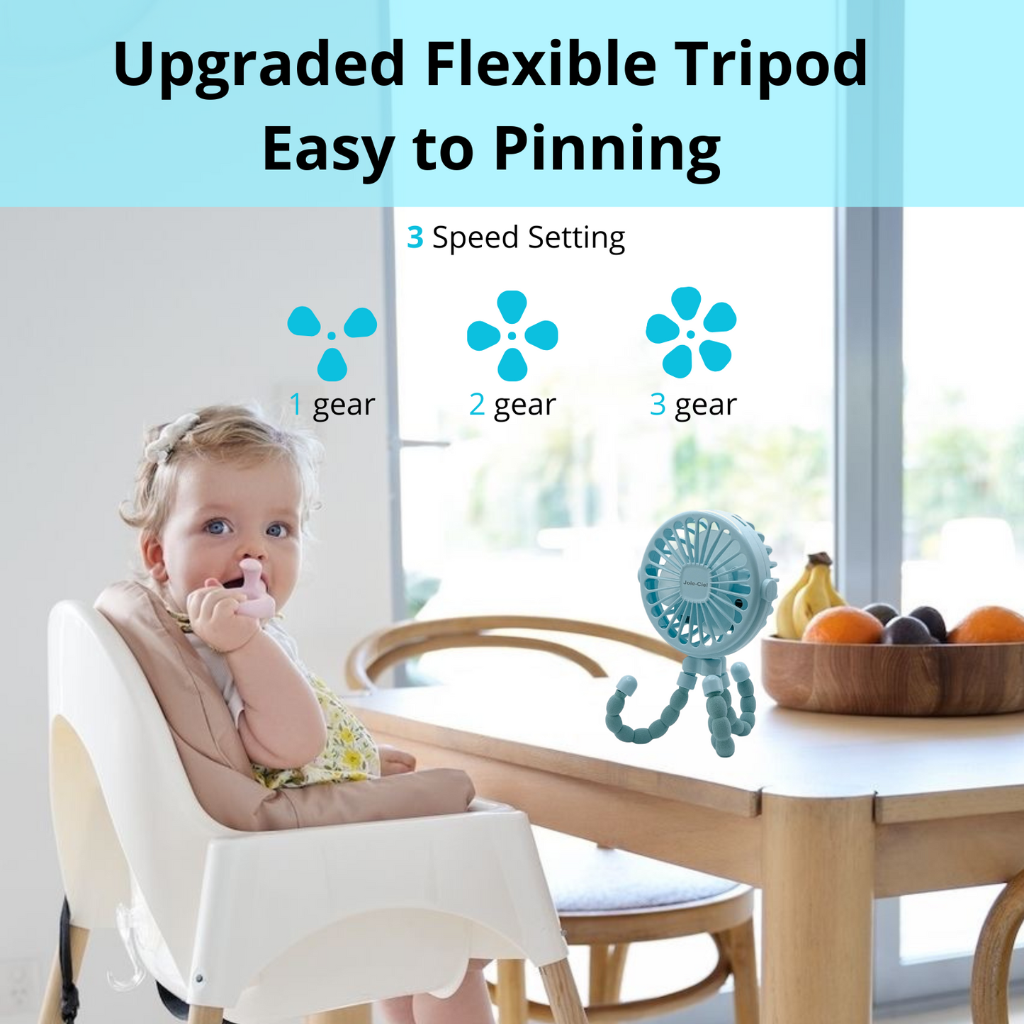 Joie-Ciel™ Portable Octopus Clip Fan | 3-Speed, LED Night Light, Safe & Flexible for Stroller, Office, Travel