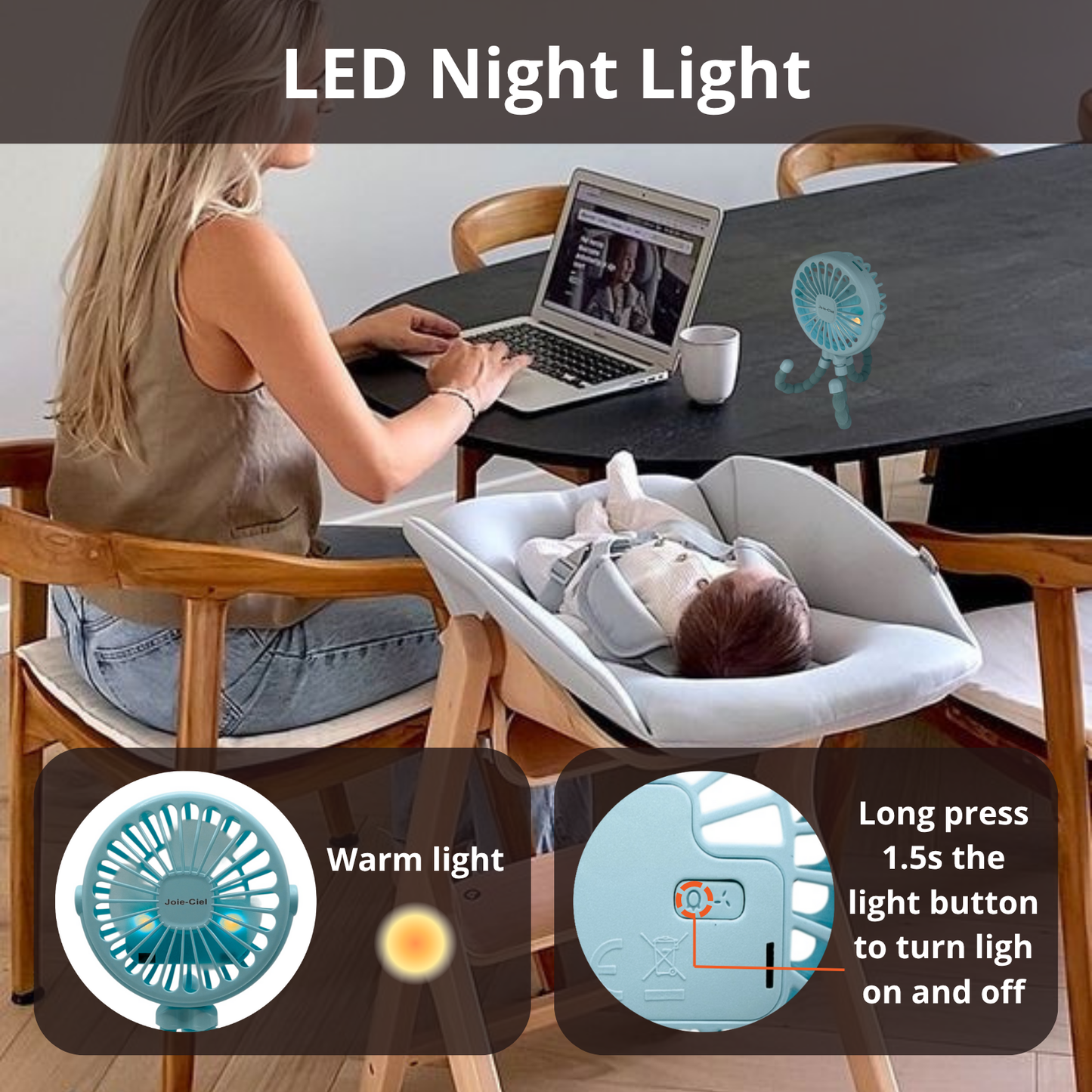 Joie-Ciel™ Portable Octopus Clip Fan | 3-Speed, LED Night Light, Safe & Flexible for Stroller, Office, Travel