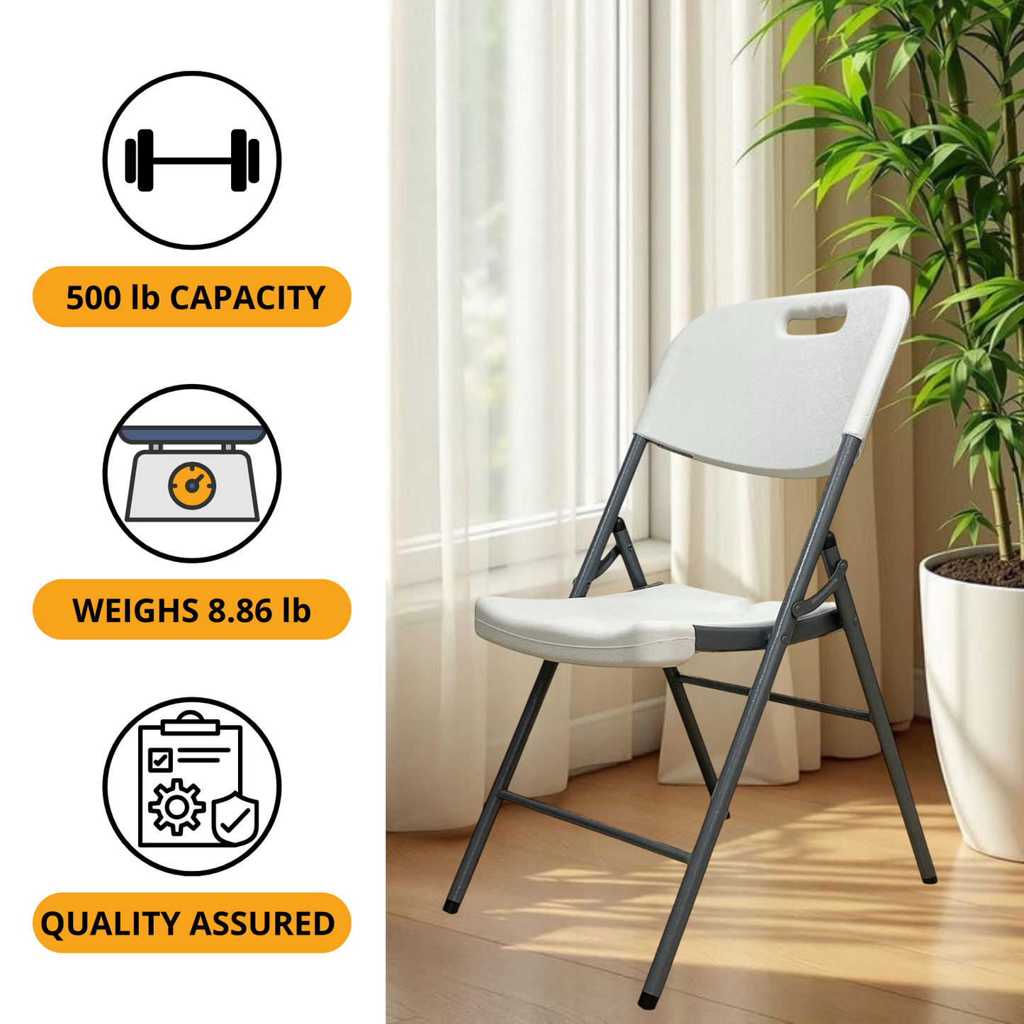 Chaise Pliante Blanche Robuste 500 lb – Idéale pour l’Extérieur, Réunions, Bureau 🏡☀️