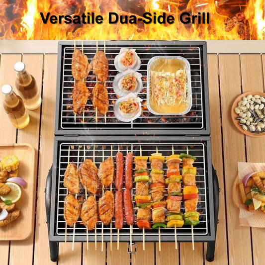 Double-Sided Barre BBQ Grill with Chimney-Portable Charcoal Grill for Outdoor & Home Multi-Functional Smoker with Griddle & Carry Handle