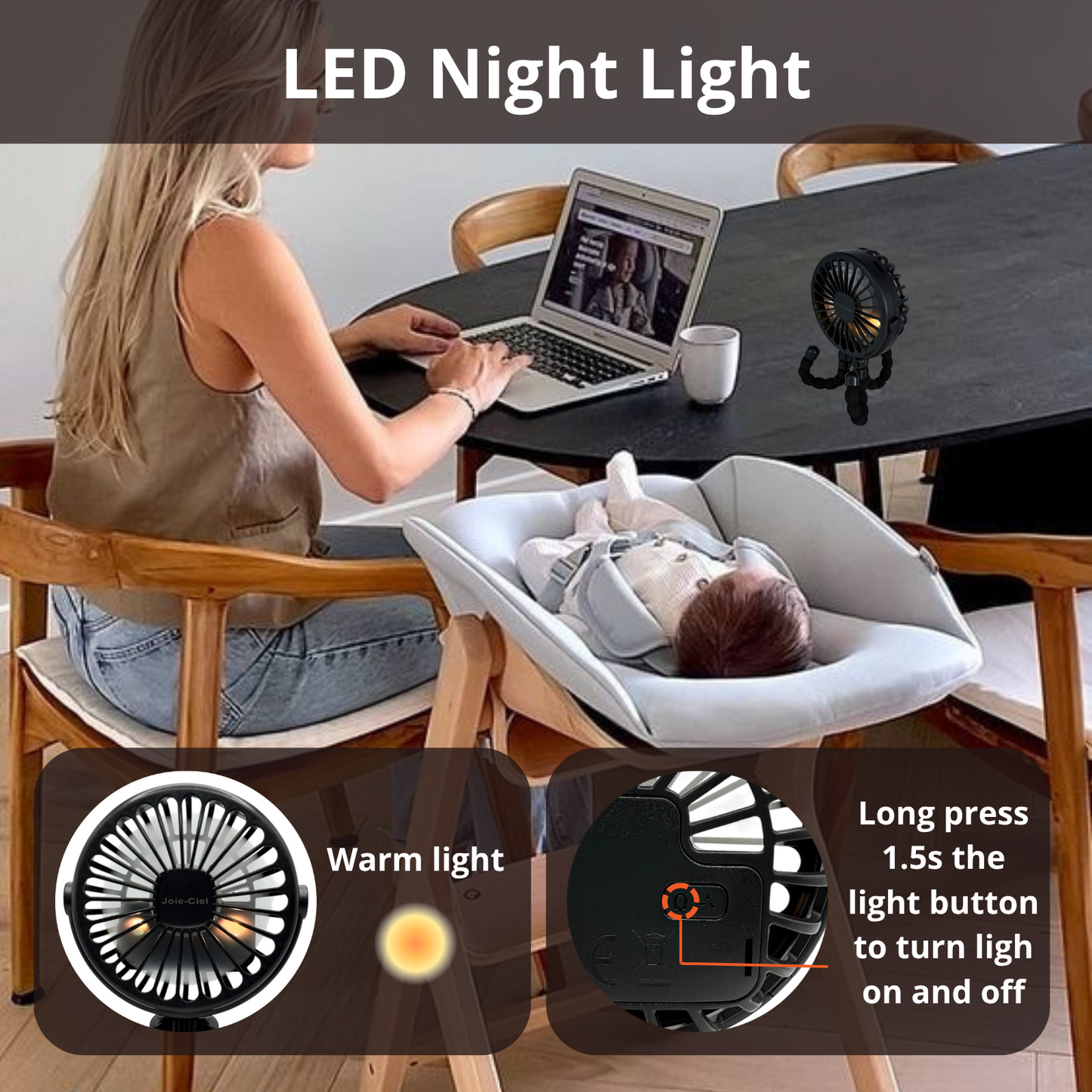 Joie-Ciel™ Portable Octopus Clip Fan | 3-Speed, LED Night Light, Safe & Flexible for Stroller, Office, Travel