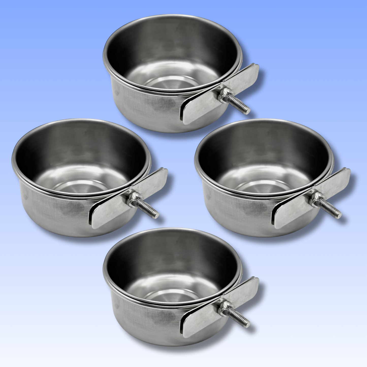 4-Pack Stainless Steel Bird Food Bowls with Clamp – 10oz Hanging Cage Cups | Ships from Quebec