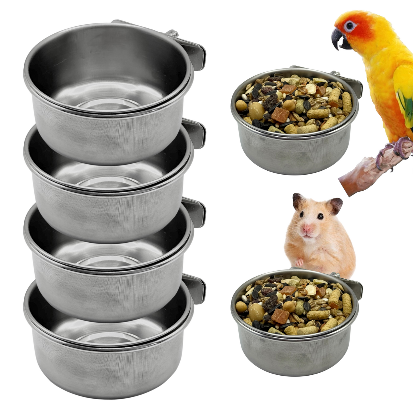 4-Pack Stainless Steel Bird Food Bowls with Clamp – 10oz Hanging Cage Cups | Ships from Quebec