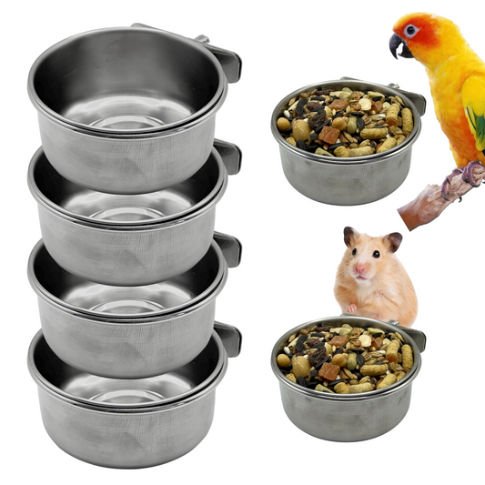 4-Pack Stainless Steel Bird Food Bowls with Clamp – 10oz Hanging Cage Cups | Ships from Quebec