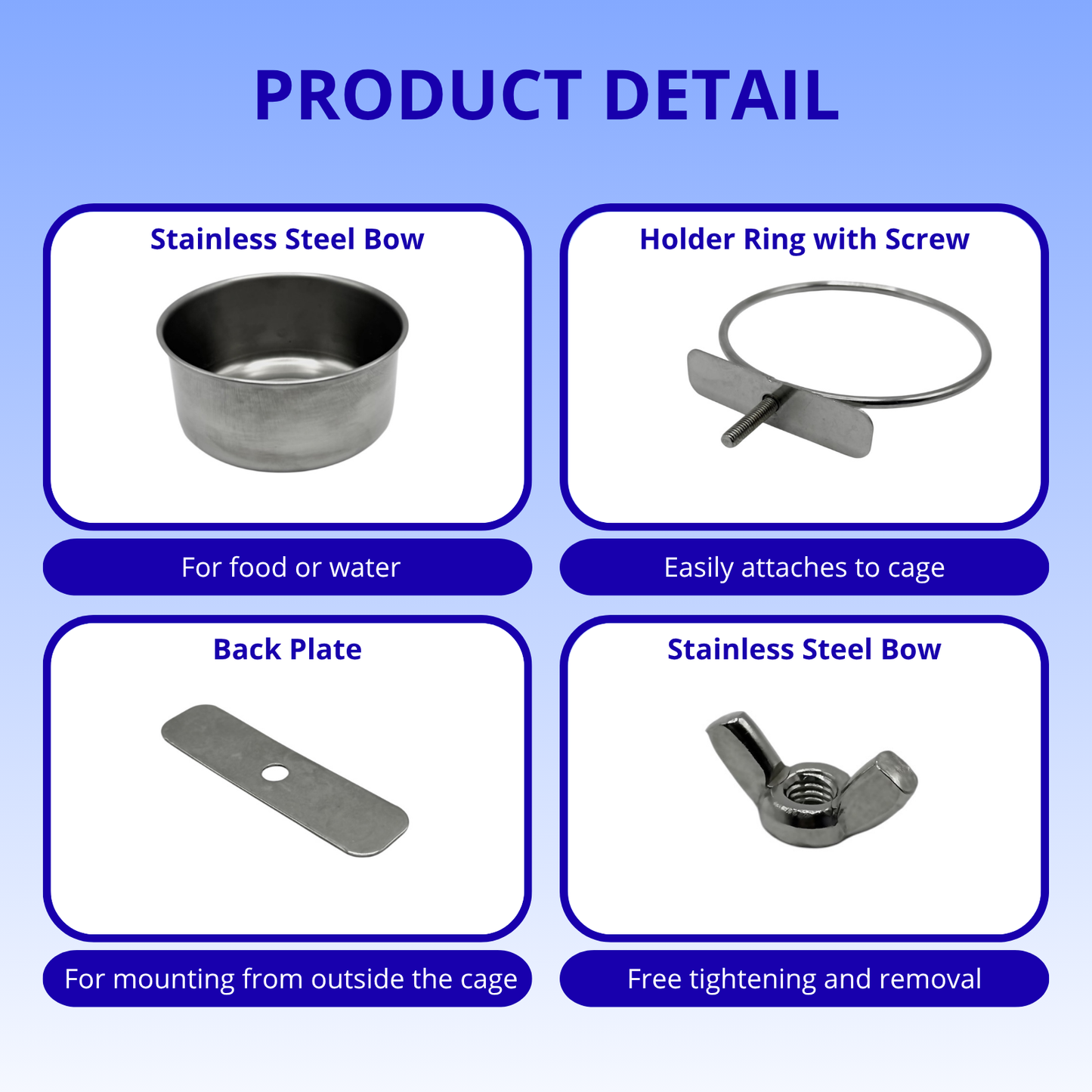 4-Pack Stainless Steel Bird Food Bowls with Clamp – 10oz Hanging Cage Cups | Ships from Quebec