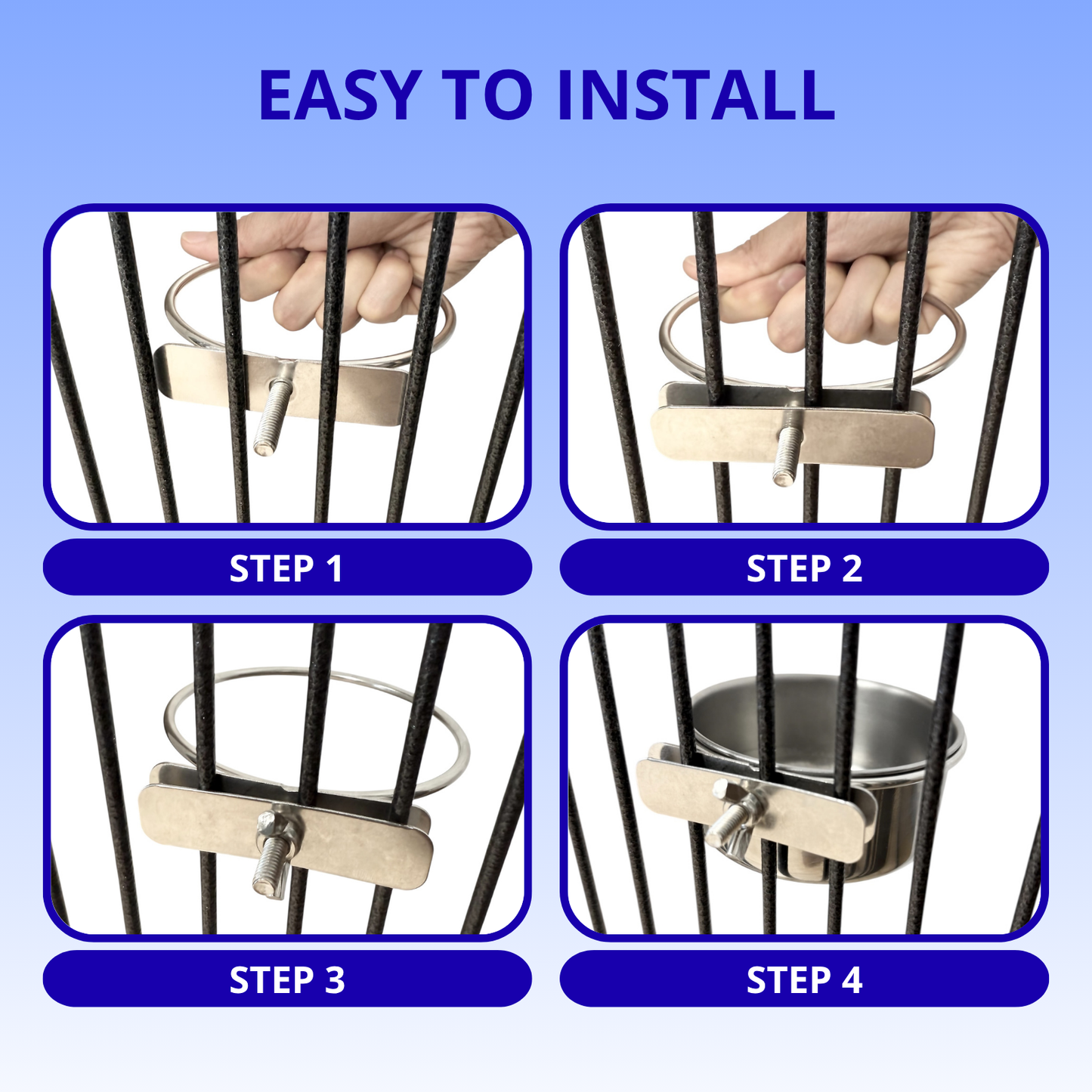 4-Pack Stainless Steel Bird Food Bowls with Clamp – 10oz Hanging Cage Cups | Ships from Quebec