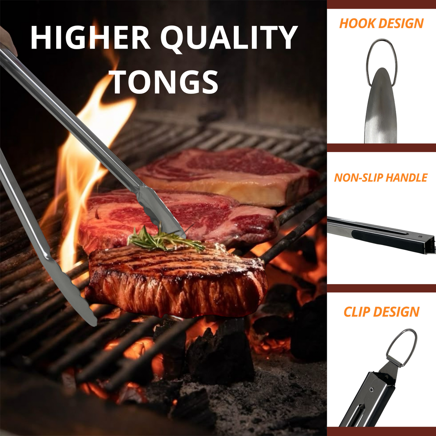 Joie-Ciel 5-Piece Stainless Steel BBQ Grill Tool Set-Tongs, Fork, Spatula Brush, Knife