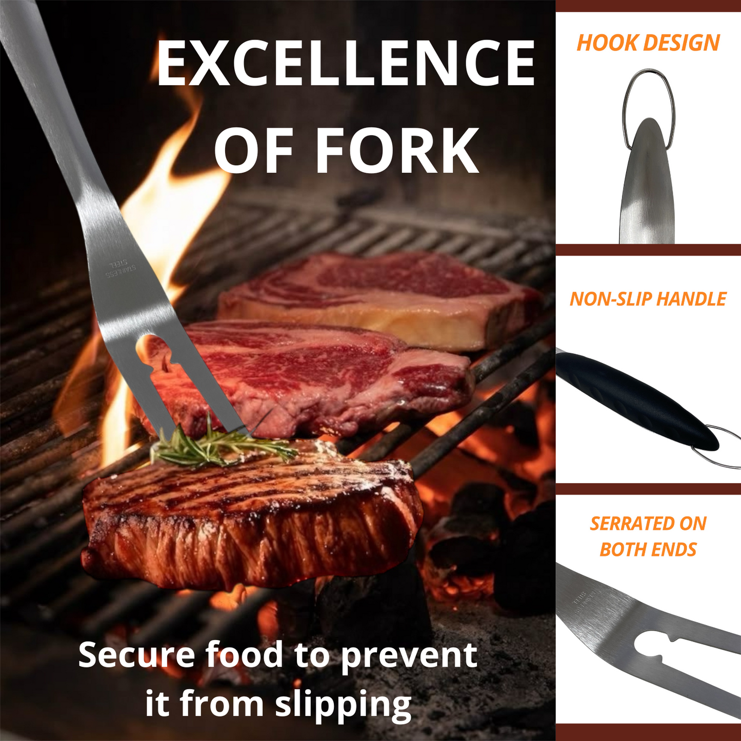 Joie-Ciel 5-Piece Stainless Steel BBQ Grill Tool Set-Tongs, Fork, Spatula Brush, Knife