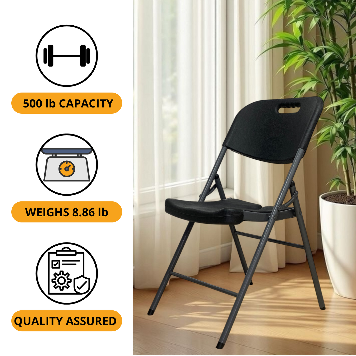 Heavy-Duty Black Folding Chair – 500 lb Capacity – Office, Garden, Meeting Use – Ships from Quebec 🇨🇦